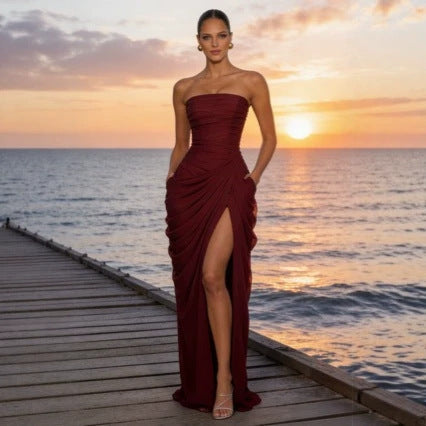 Asymmetrical Pleated Strapless Slit Dress