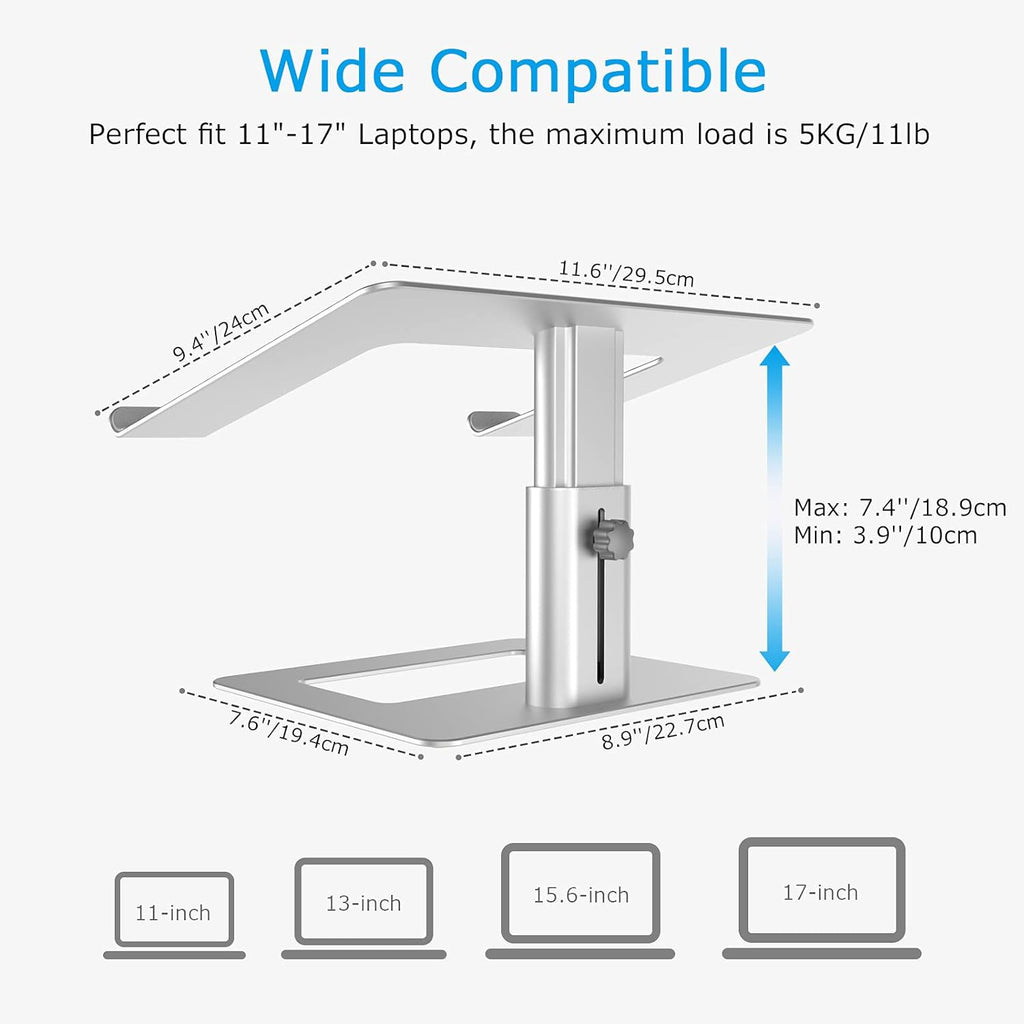 Boyata Laptop Stand, Height Adjustable Laptop Riser for 11-17" Laptops | Ergonomic Laptop Stand for Desk, Ventilated with U-Shaped Open Design, Sturdy Notebook Stand for 10-17'' Laptops, Silver