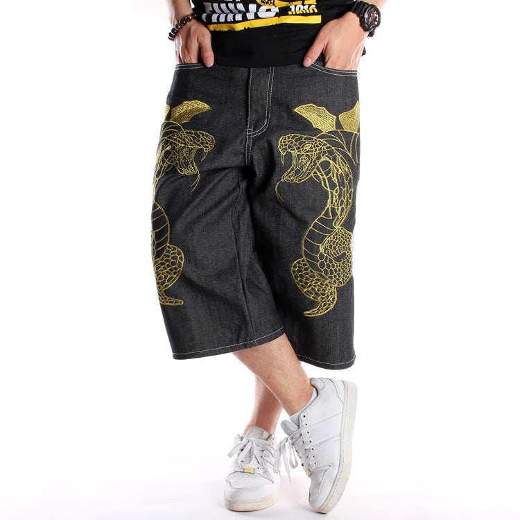 Hip-Hop Embroidered Denim Shorts for Men