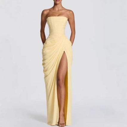 Asymmetrical Pleated Strapless Slit Dress