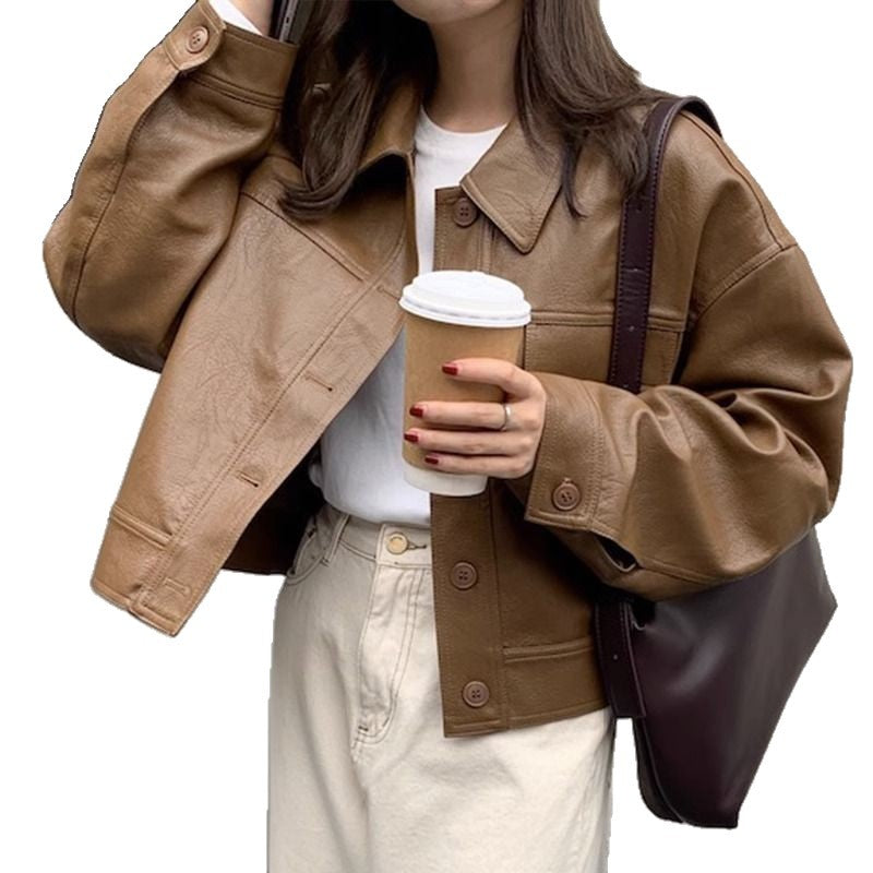 Women?s Vintage PU Leather Jacket Short Slim Fit Polo Collar Coat