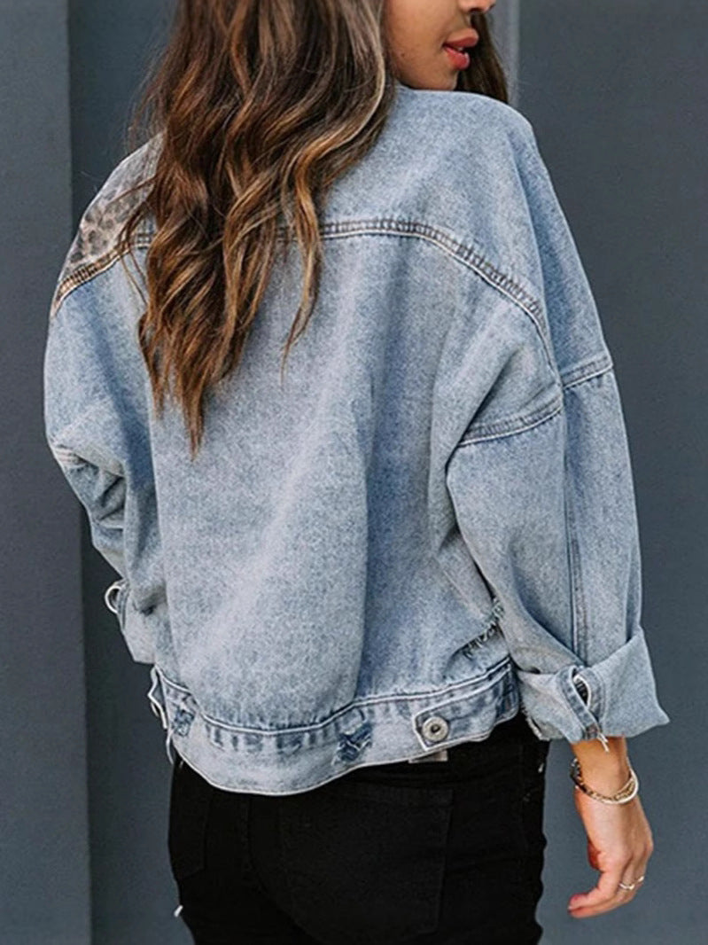 Women's Leopard Print Stitching Long Sleeve Denim Coat