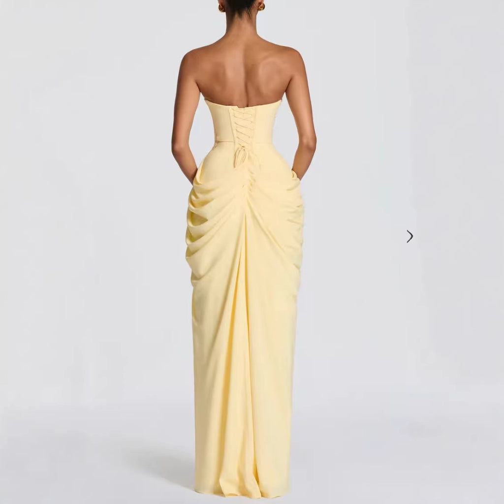 Asymmetrical Pleated Strapless Slit Dress