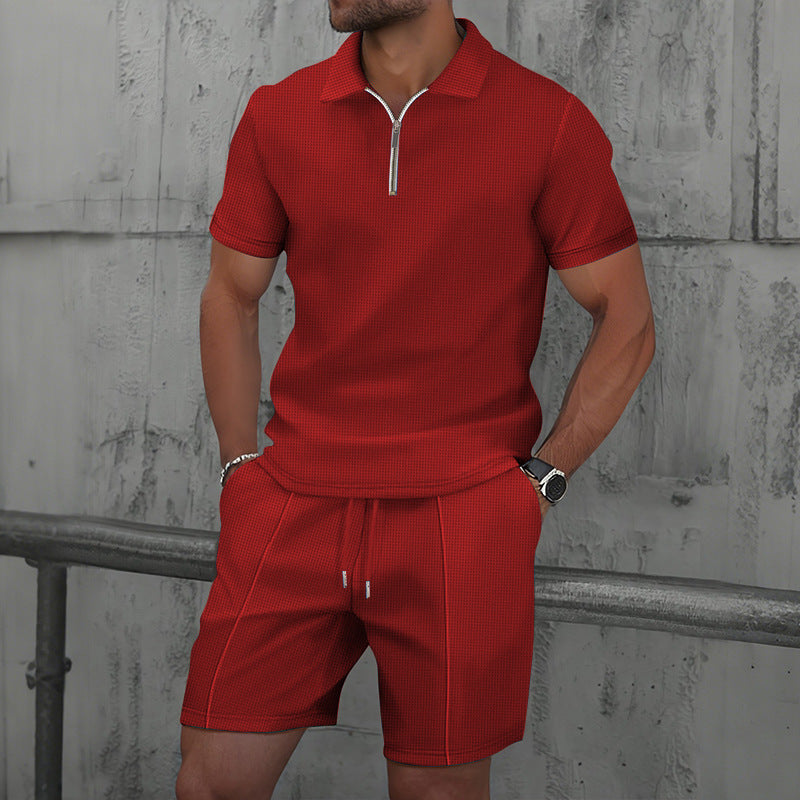 Texture Lapel Polo Men Sport Set