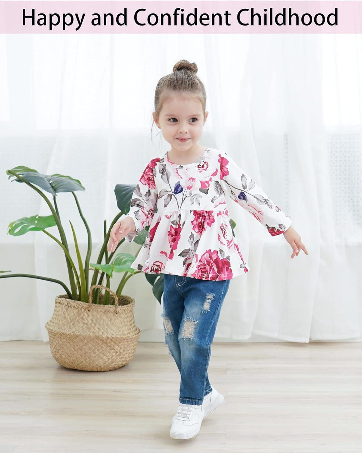 9-12 Months Toddler Girls Clothes Baby Outfit Floral Long Sleeve Shirt Tops Denim Ripped Jeans Long Pant Infant for Girls