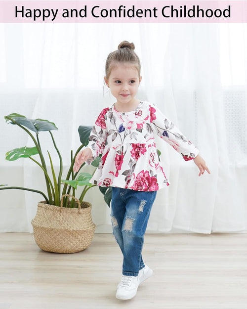 9-12 Months Toddler Girls Clothes Baby Outfit Floral Long Sleeve Shirt Tops Denim Ripped Jeans Long Pant Infant for Girls