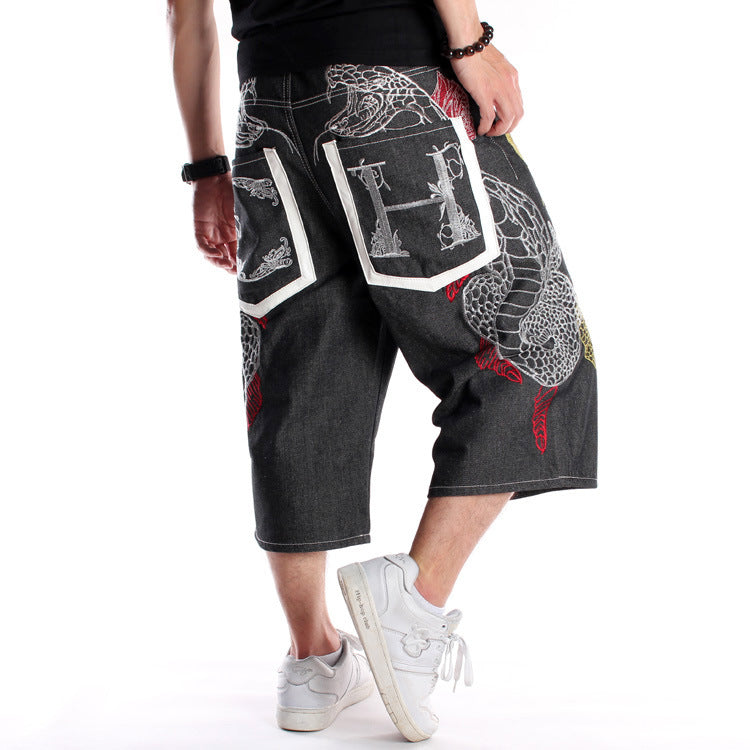 Hip-Hop Embroidered Denim Shorts for Men
