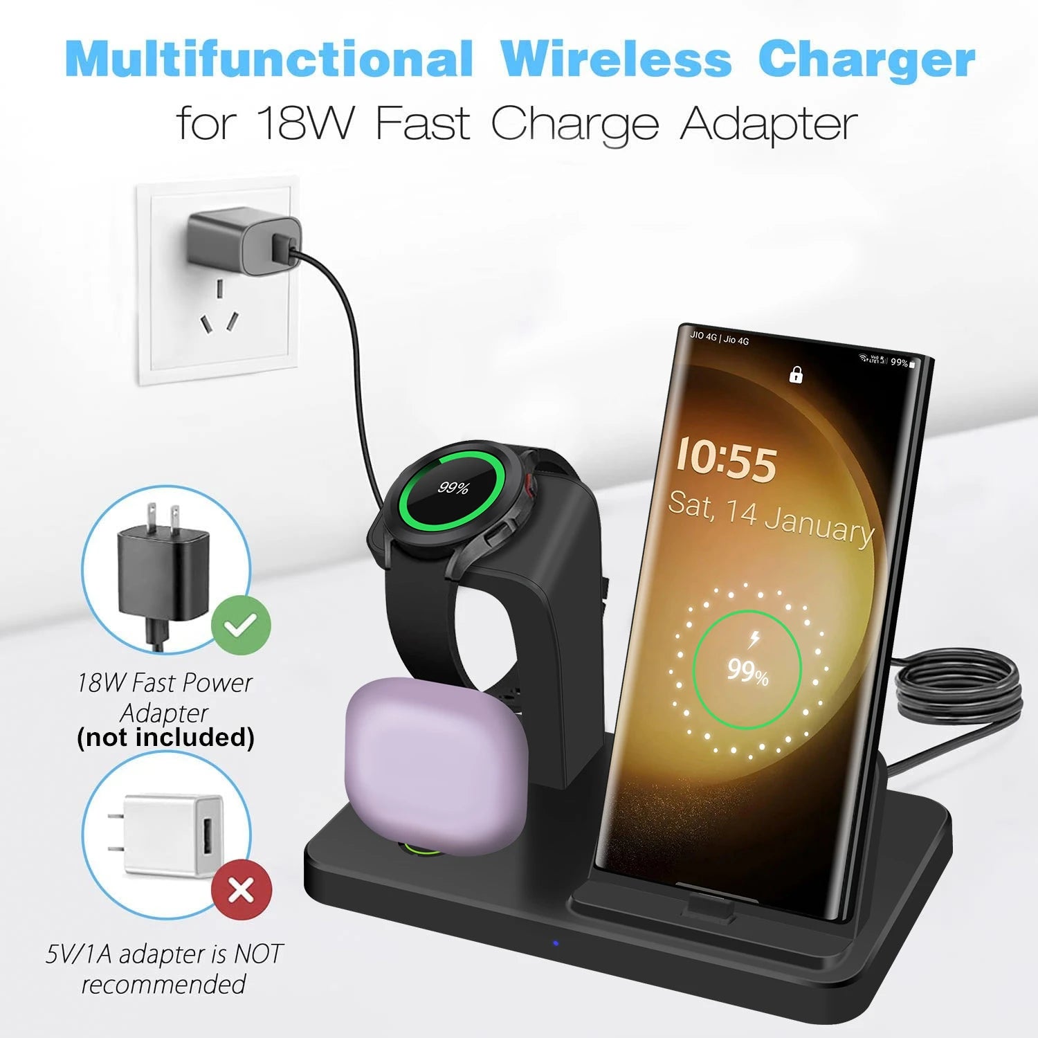 3 in 1 Wireless Charger for Samsung S25 S24 S23 for Galaxy Watch 8 7 6 5 Pro 4 3 Buds 3 Dual Type C Ports Fast Charging Station