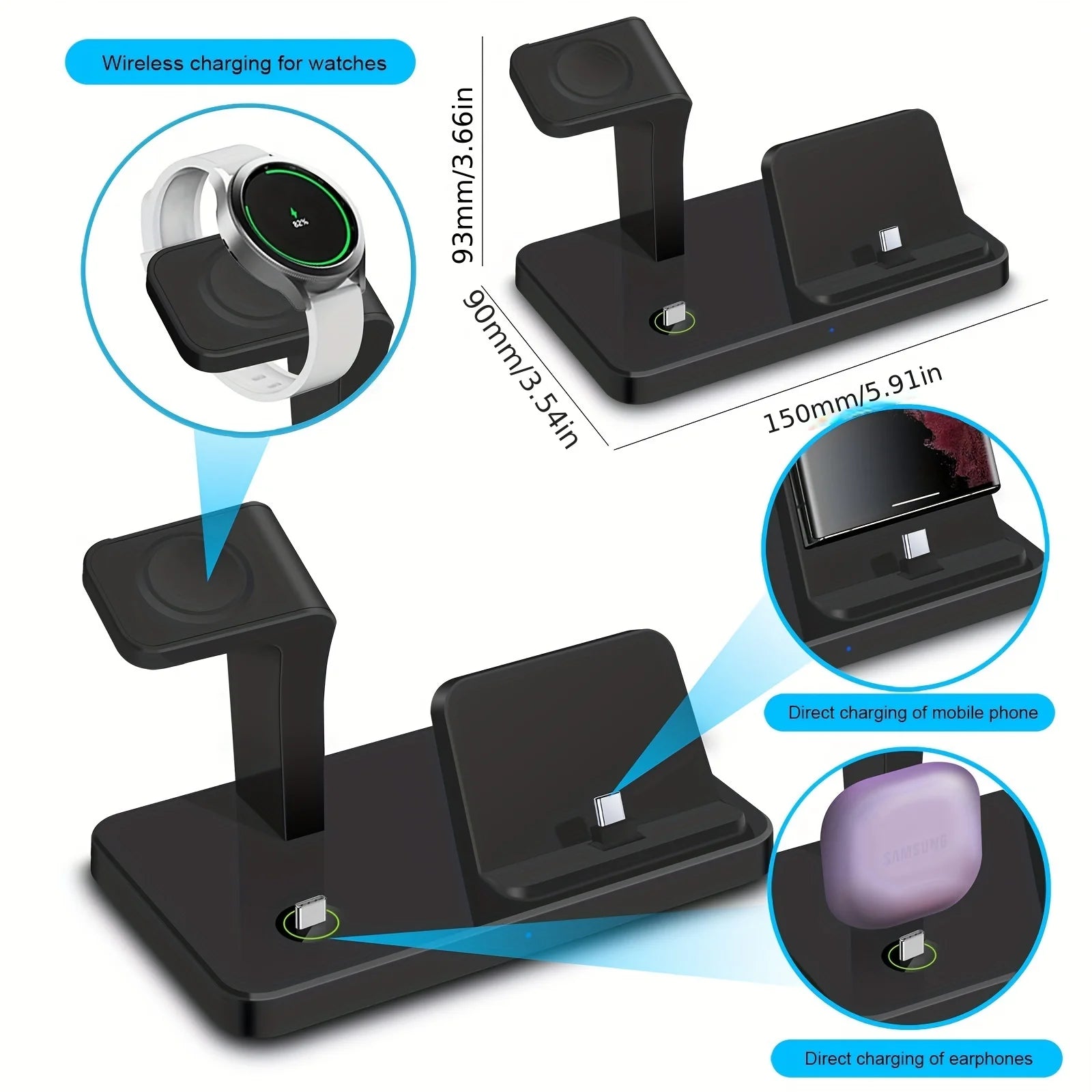 3 in 1 Wireless Charger for Samsung S25 S24 S23 for Galaxy Watch 8 7 6 5 Pro 4 3 Buds 3 Dual Type C Ports Fast Charging Station