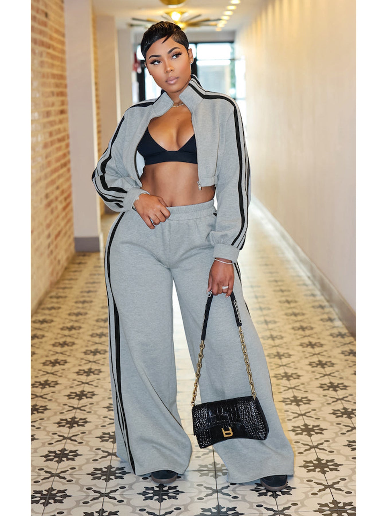 Striped Zippered Sweatshirt and Trousers Set