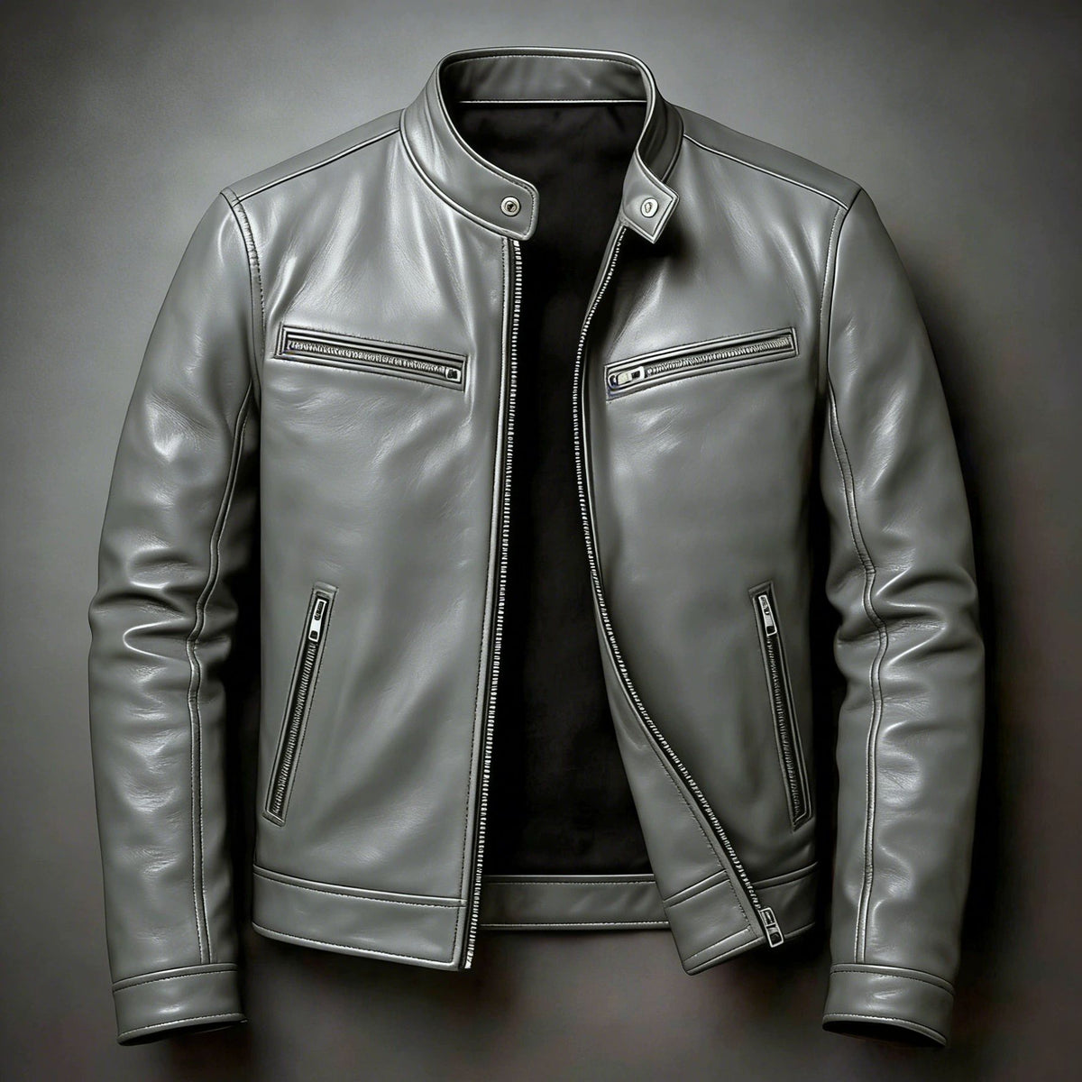 Mens PU Leather Jacket Stand Collar Slim Fit Coat