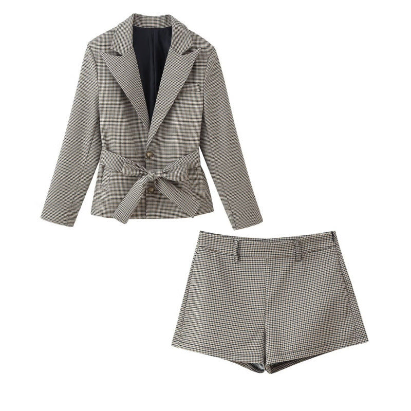 Plaid Lapel Blazer and Shorts Set