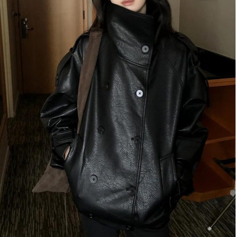 Korean vintage double-breasted stand-up collar leather jacket