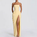 Asymmetrical Pleated Strapless Slit Dress