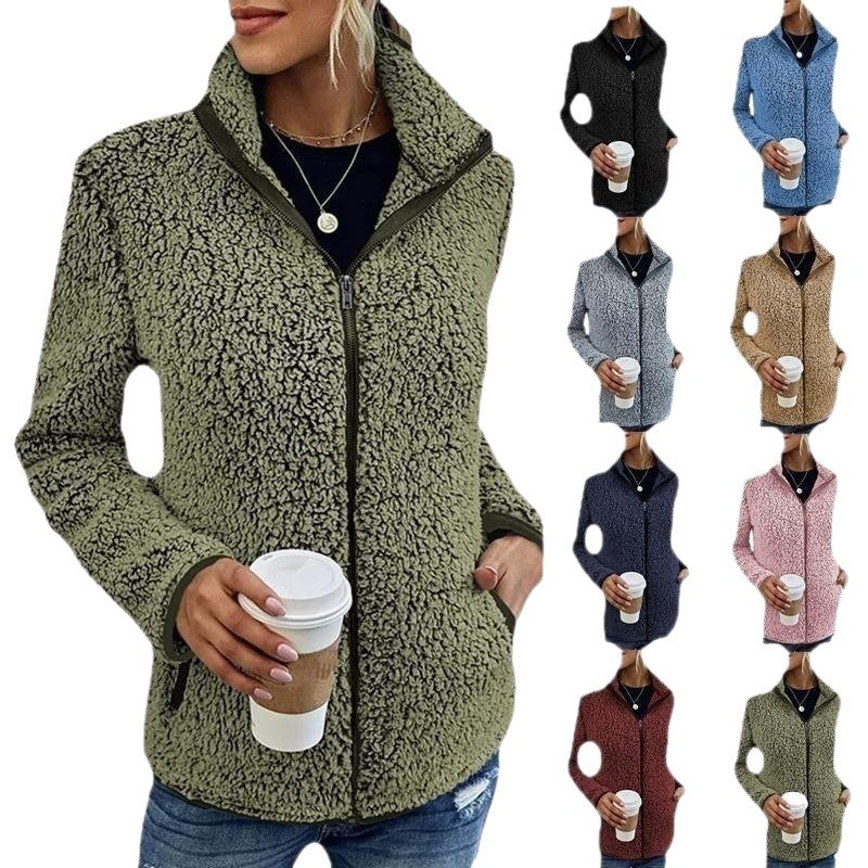 Women's Stand Collar Solid Color Zip-Up Bubble Fleece Jacket