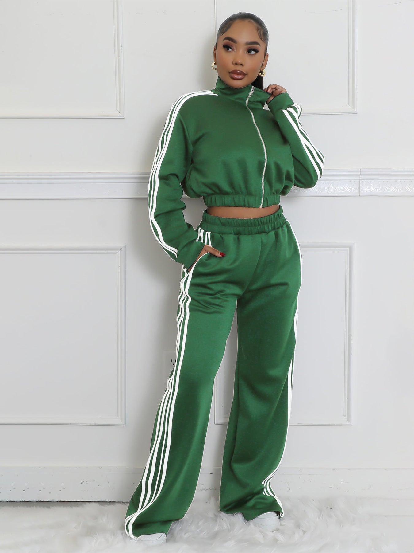 Striped Zippered Sweatshirt and Trousers Set