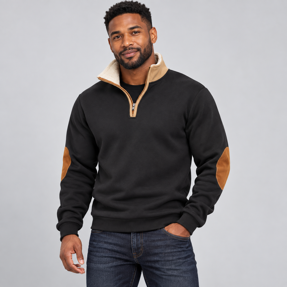 AI-generated model wearing the black quarter-zip pullover with tan collar and elbow patches