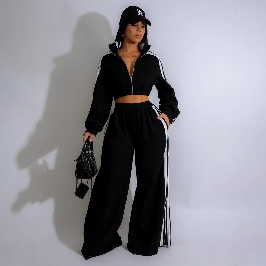Striped Zippered Sweatshirt and Trousers Set