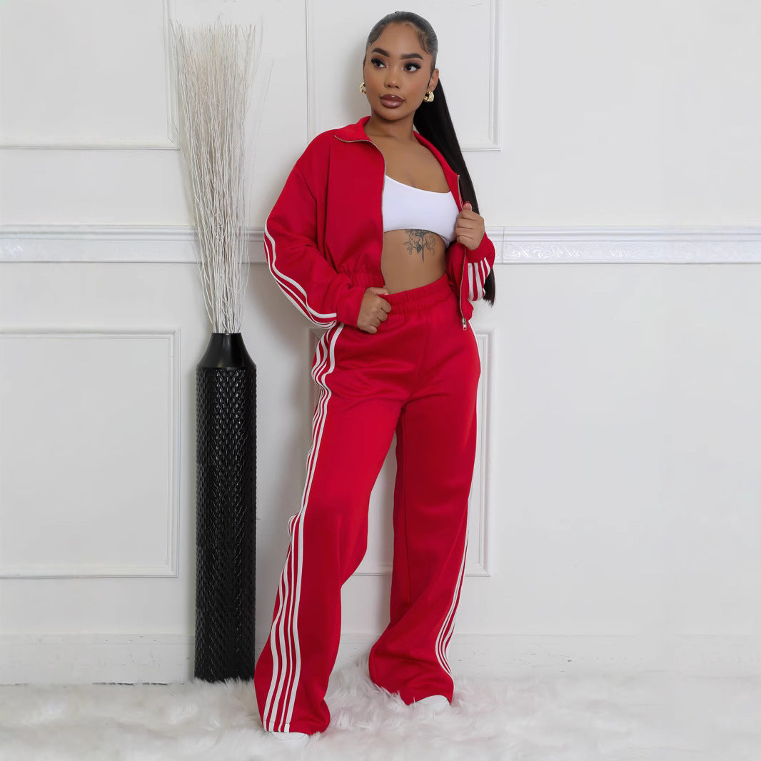 Striped Zippered Sweatshirt and Trousers Set