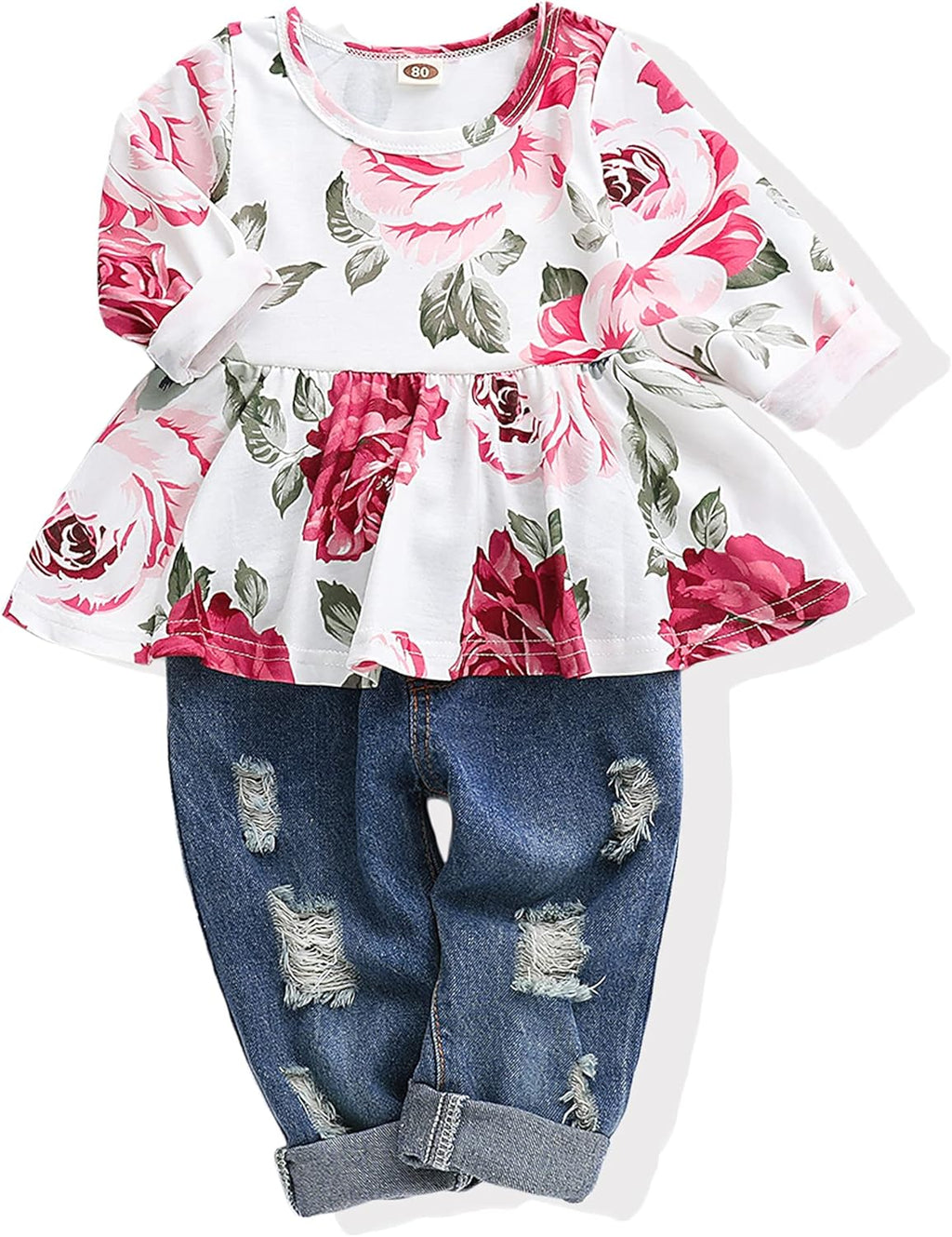 9-12 Months Toddler Girls Clothes Baby Outfit Floral Long Sleeve Shirt Tops Denim Ripped Jeans Long Pant Infant for Girls