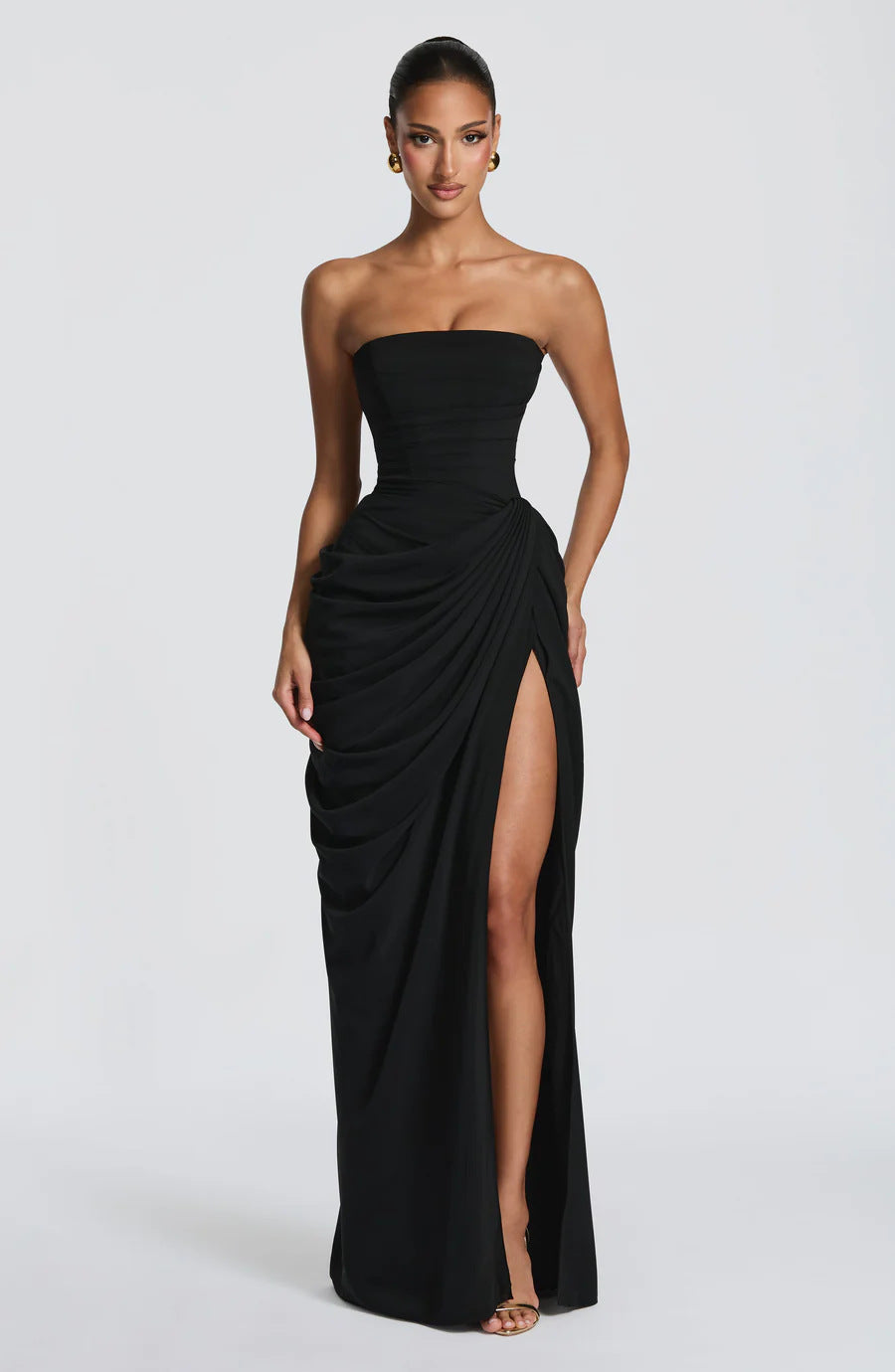 Asymmetrical Pleated Strapless Slit Dress