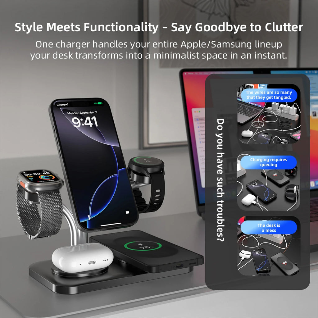 5 in 1 Magnetic Wireless Charger for Iphone 17~12 Samsung Apple/Galaxy Watch Aipods Pro/Buds Dual Phone and Watch Fast Charging