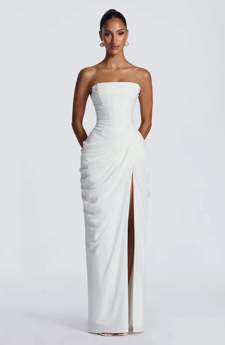 Asymmetrical Pleated Strapless Slit Dress