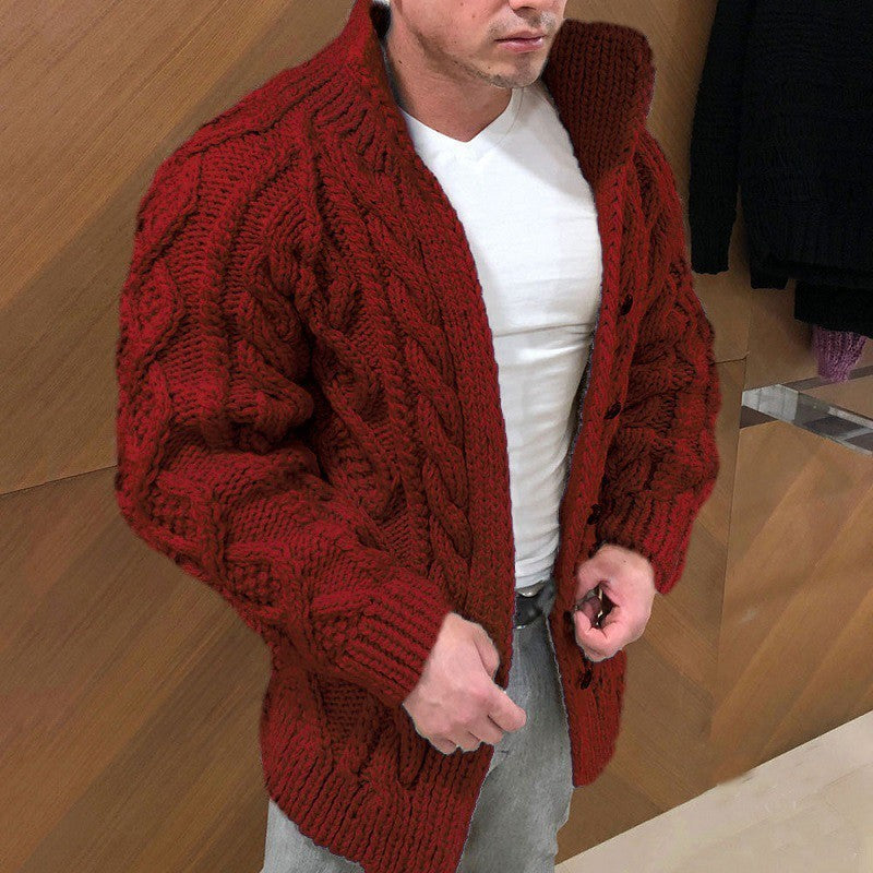 Men's Stand Collar Cable Knit Cardigan Long Sleeve Heavy-Duty Sweater