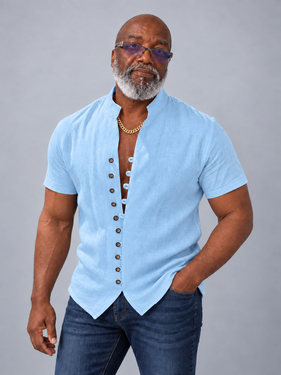 Model wearing the light blue cotton linen stand collar short sleeve shirt; accessories not included