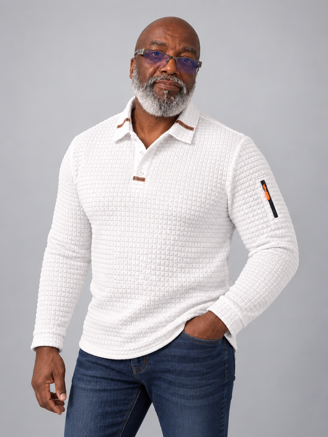 Model wearing the white textured long-sleeve polo shirt with sleeve zipper